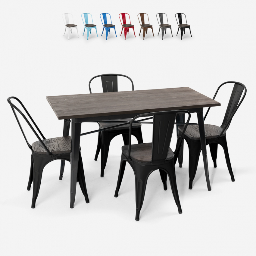 Industriële set van staal en hout met rechthoekige tafel 120x60 cm en 4 stoelen Ralph Aanbod