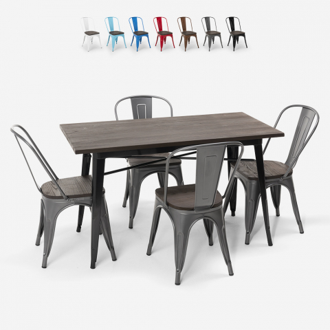 rechthoekige tafel 120x60 met 4 design stoelen van staal en hout Lix industrieel ralph Aanbieding