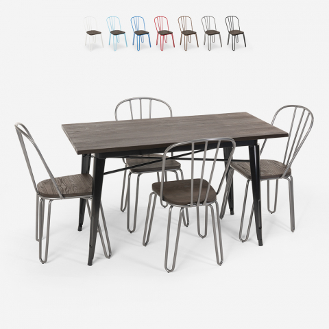 Set rechthoekige tafel 120x60 met 4 design stoelen van industrieel staal en hout Tolix OTIS