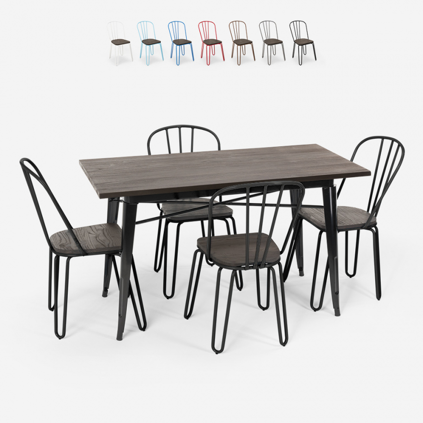Industrieel set met rechthoekige tafel 120x60 en en 4 design stoelen van staal en hout Otis Catalogus
