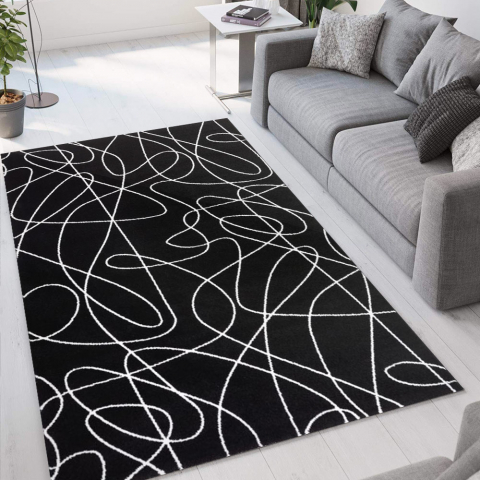 Modern woonkamer tapijt design Milano zwart witte lijnen NER001