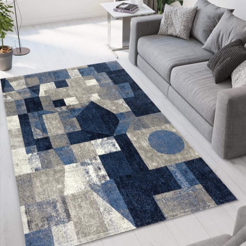 Rechthoekig modern geometrisch design grijs blauw Milano tapijt BLU013 Aanbieding