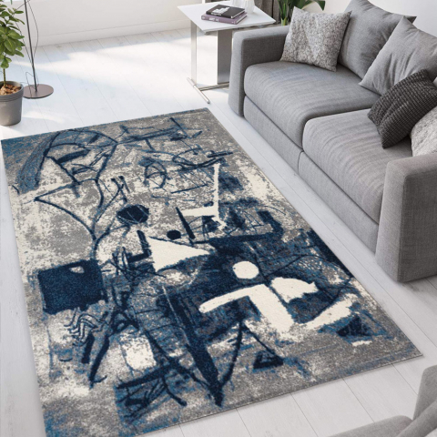 Milano design huiskamertapijt met modern patroon blauw grijs BLU014 Aanbieding