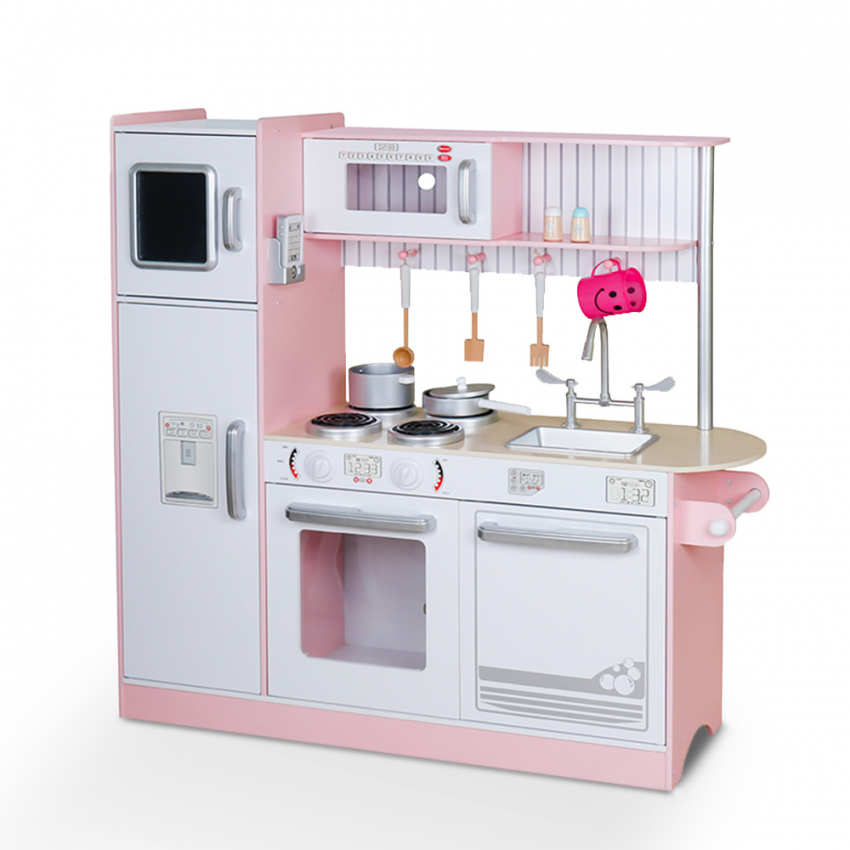 Grote houten speelgoedkeuken met pannen, accessoires en geluiden Chef Star Aanbieding Grote houten speelgoedkeuken met pannen, accessoires en geluiden Chef Star Aanbieding