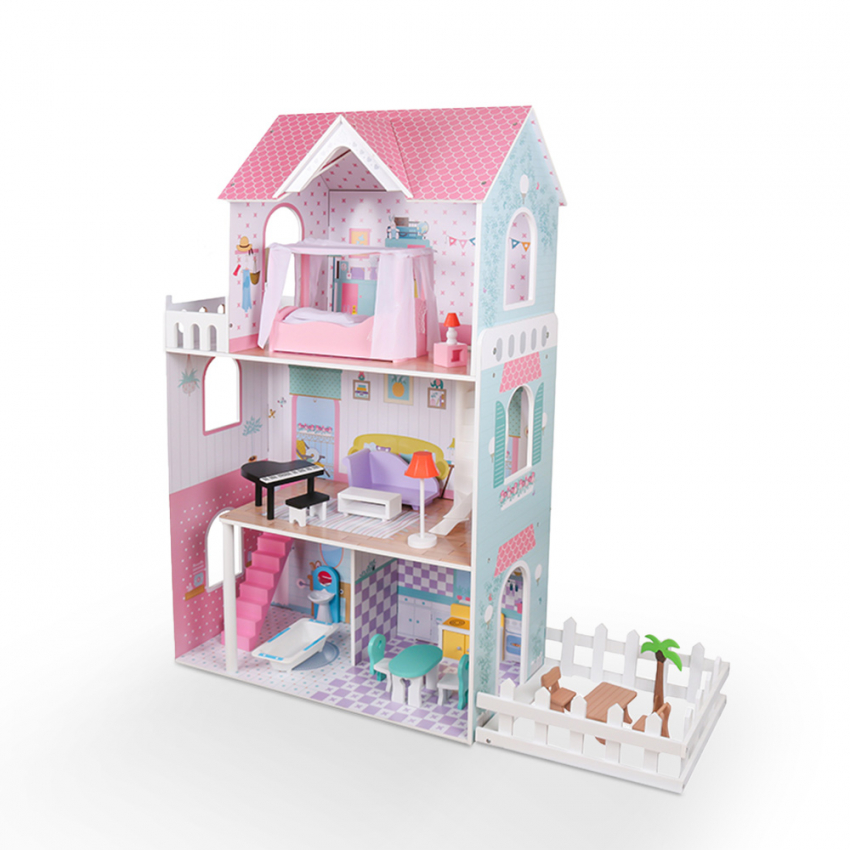 Blijkbaar deeltje Gloed PRETTY HOUSE houten poppenhuis met 3 verdiepingen en accessoires voor  kleine meisjes jongens XXL