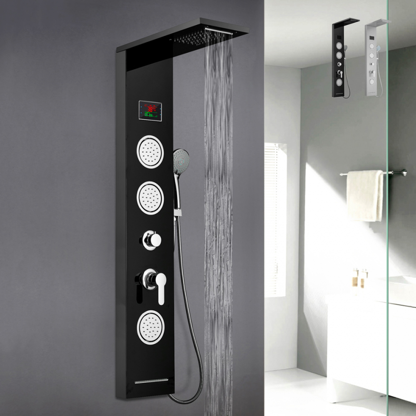 Stalen douchepaneel met LED-display, massagefunctie en regendouche Abano Aanbieding Stalen douchepaneel met LED-display, massagefunctie en regendouche Abano Aanbieding