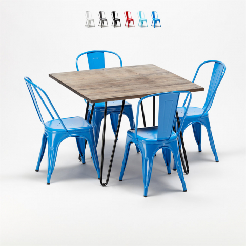 Set met vierkante tafel en 4 metalen stoelen in industriële stijl Bay Bridge Aanbieding