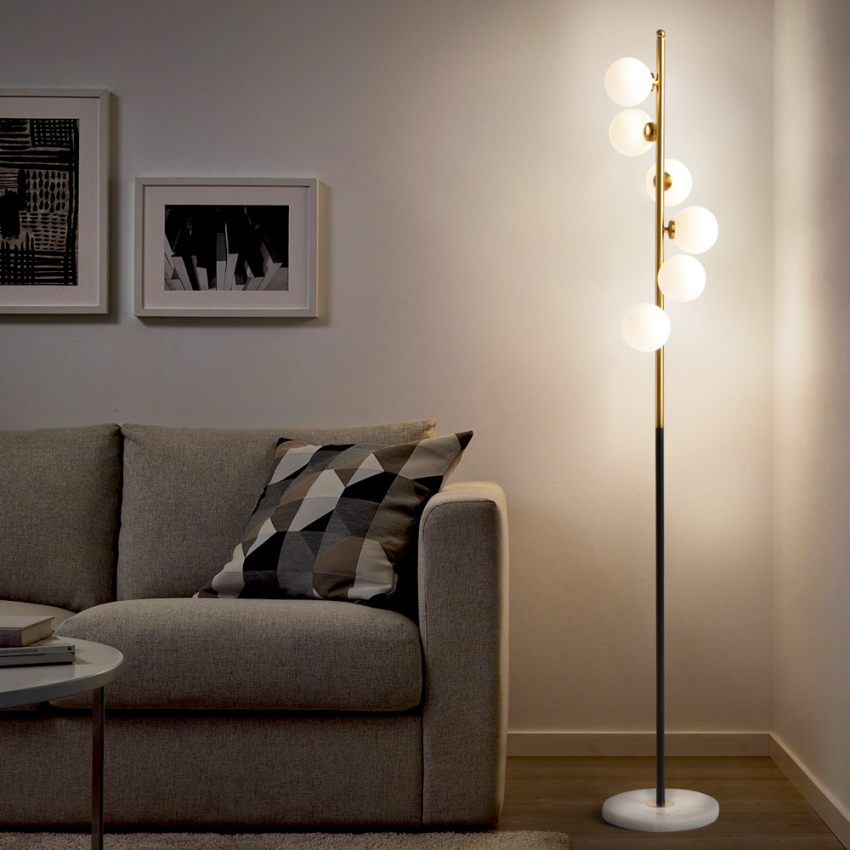 Design LED vloerlamp met bolvormige lampenkappen en marmeren voet Alibreo Aanbieding