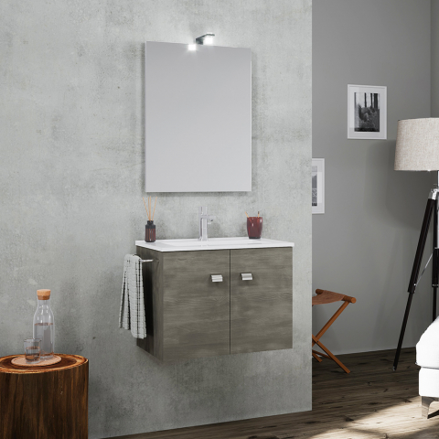 Badkamermeubel 2 deuren hangend onderstel handdoekenrek keramiek wastafel spiegel LED lamp Vanern NOIR