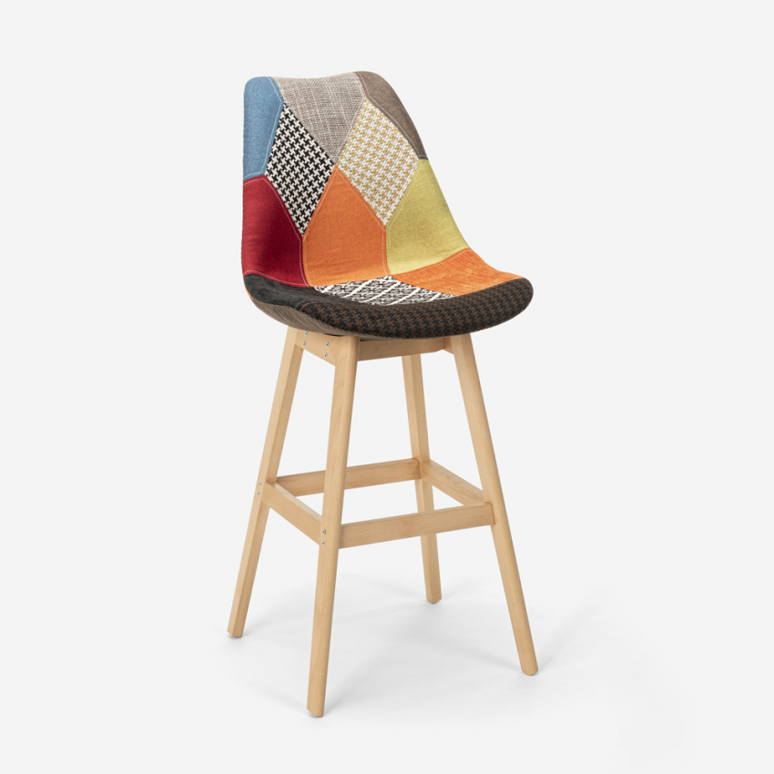 Hoge barkruk in patchwork-design van stof en hout Chick Aanbieding Hoge barkruk in patchwork-design van stof en hout Chick Aanbieding