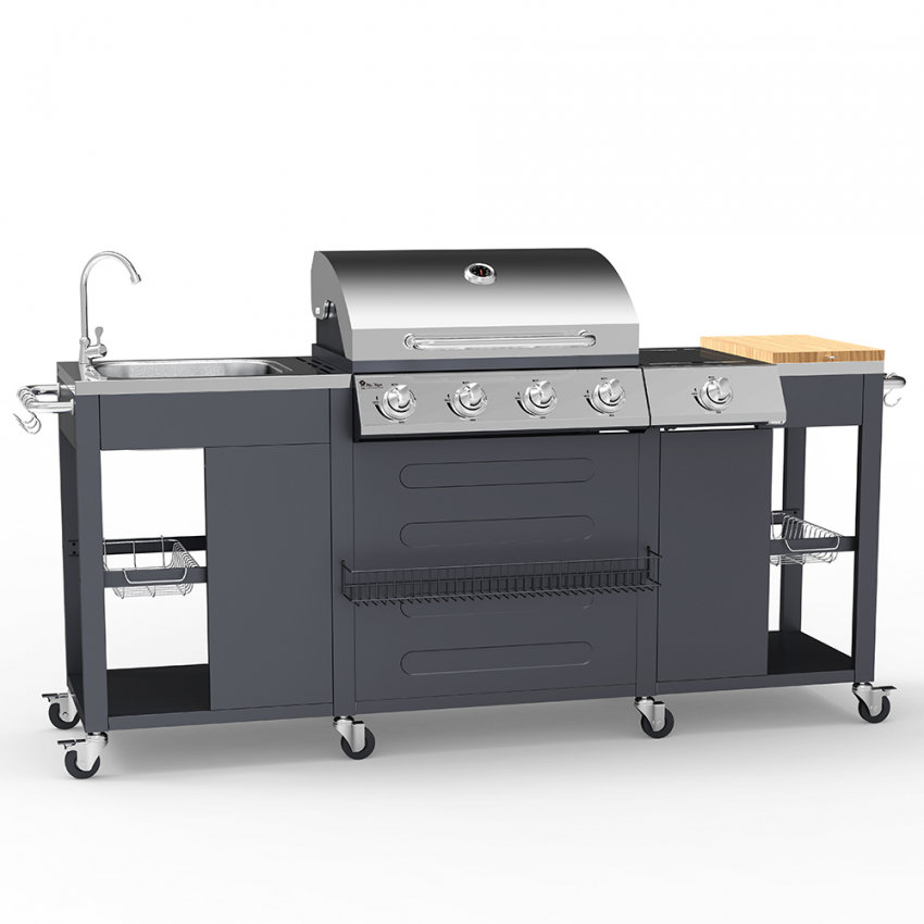 RVS gas barbecue buitenkeuken met 4 + 1 branders, spoelbak en planken Tartara Aanbieding RVS gas barbecue buitenkeuken met 4 + 1 branders, spoelbak en planken Tartara Aanbieding