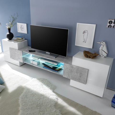 Modern TV meubel met 2 deuren 1 open vak in glanzend wit en beton Incastro