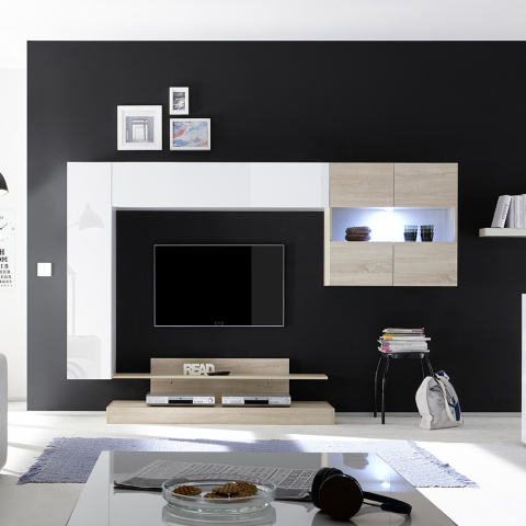 Modern TV- en wandmeubel in houten en glanzend wit Nice