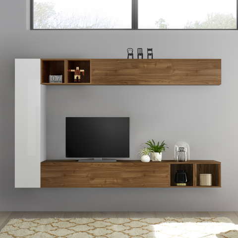 Modern TV-meubel wandsysteem in hout en hoogglans wit Infinity 104