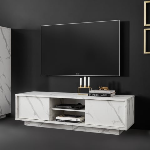 Moderne TV-meubel wit marmer 2 zijdeuren en open compartiment Carrara