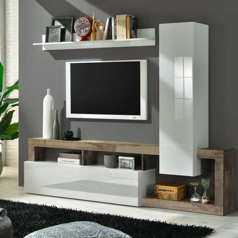 Moderne witte TV-meubel met hout wandsysteem Hamburg