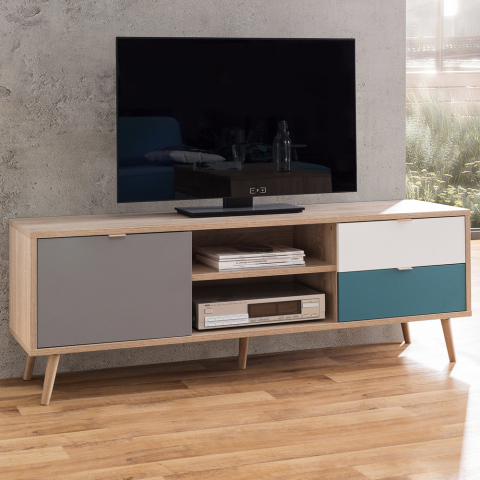 Scandinavisch ontwerp TV-meubel in hout 2 lades en ladedeur 2 open vakken Glabas