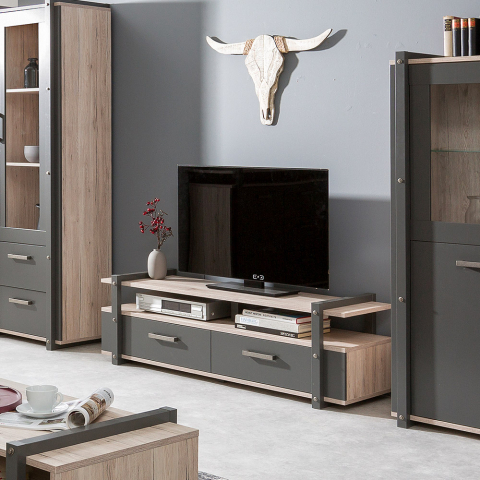 Industrieel ontwerp TV-meubel hout en metaal 2 lades en open vak Aplinka