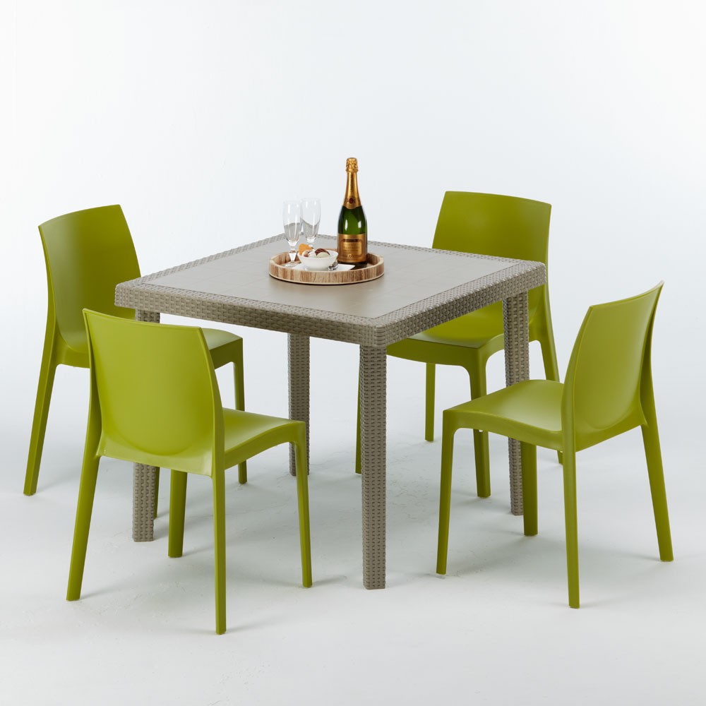 Elegance Vierkante tafel + 4 stoelen in polyrattan 90x90 beige