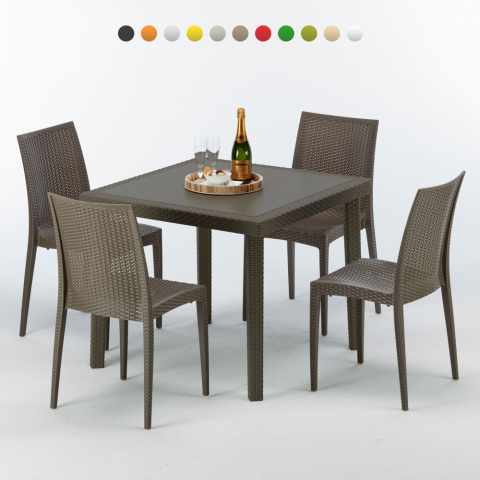 Vierkante bruine Polyrotan tafel Brown Passion 90x90cm en 4 stoelen Aanbieding