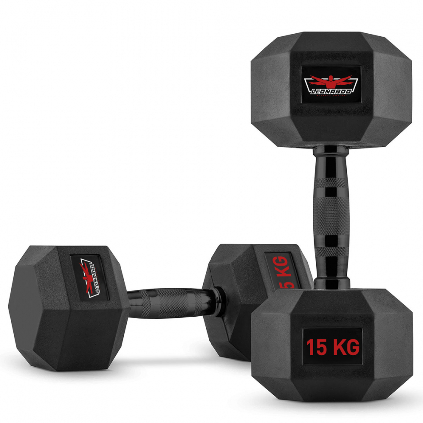 Set van 2 zeshoekige dumbbells halterset van rubber en staal 15 kg Goemon Aanbieding Set van 2 zeshoekige dumbbells halterset van rubber en staal 15 kg Goemon Aanbieding