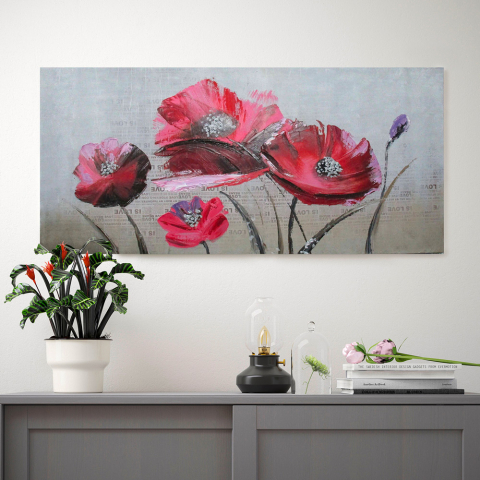 Bloemenschilderij bij hand op canvas 110 x 50 cm Papaveri Aanbieding