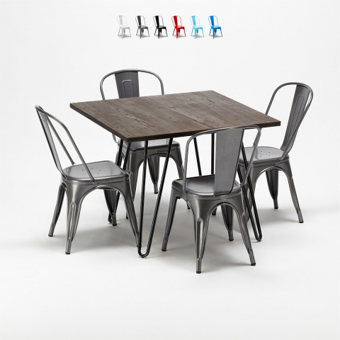Set vierkante tafel met 4 industriële stoelen van metaal en hout Pigalle Aanbieding