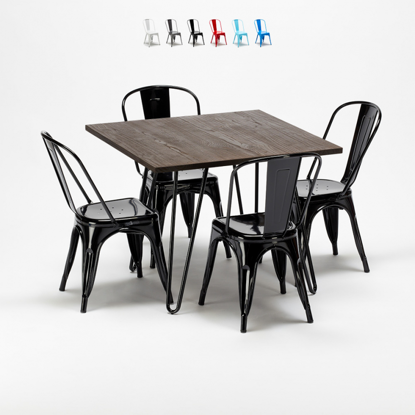 Set vierkante tafel met 4 industriële stoelen van metaal en hout Pigalle Kosten