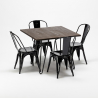Set vierkante tafel met 4 industriële stoelen van metaal en hout Pigalle 