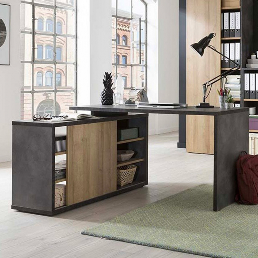 Grijs en eikenhouten bureau met schuifdeur en planken 150x120cm Core Aanbieding Grijs en eikenhouten bureau met schuifdeur en planken 150x120cm Core Aanbieding