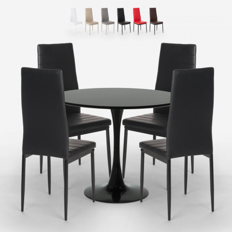 Set van ronde 80cm tafel Tulipan en 4 moderne kunstlederen stoelen in het zwart Aanbieding