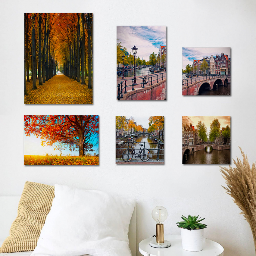 Autumn set van canvas afdrukken stad hout frame