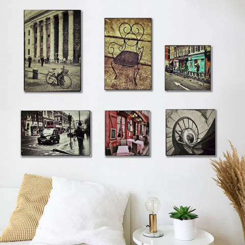 Set van 6 canvas prints stad foto's houten frame vintage Postcard