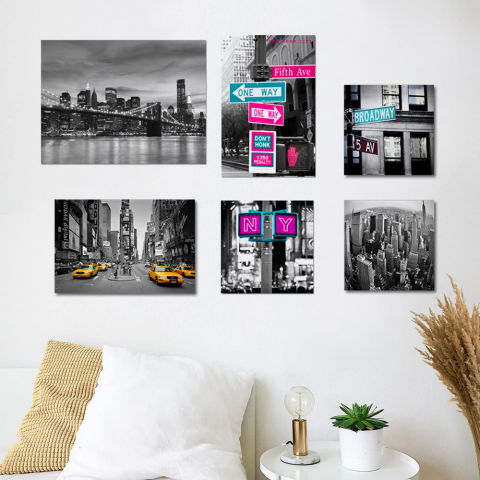 Set van 6 canvas posters stad New York houten frame Big Apple Aanbieding