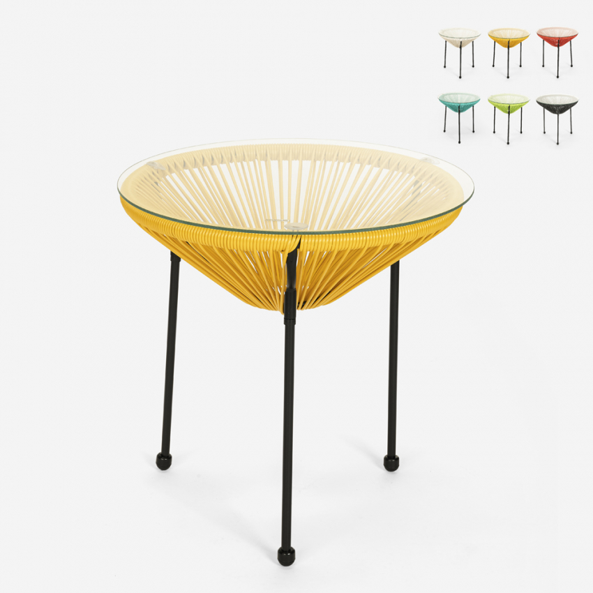 Ronde design outdoor salontafel van glas en geweven draden 50cm Rose Prijs