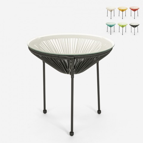 Ronde outdoor tuin 50cm salontafel van glas en geweven draden design ROSE