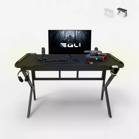 Ergonomisch carbon LED gaming bureau 120 x 60 cm koptelefoon- en bekerhouder Sportbot LED 120 Aanbieding