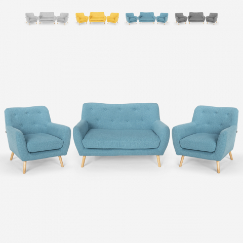 Woonkamerset 2 Scandinavisch design fauteuils en 2-zits bank van hout en stof Cleis Aanbieding