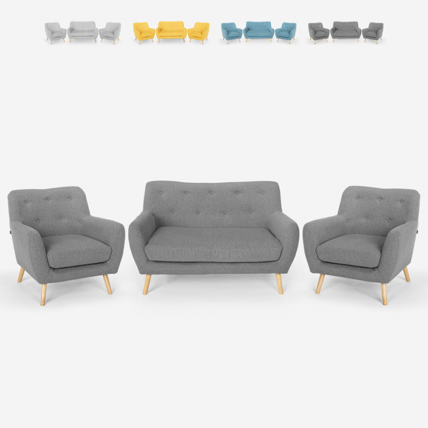 Woonkamerset 2 Scandinavisch design fauteuils en 2-zits bank van hout en stof Cleis Voorraad