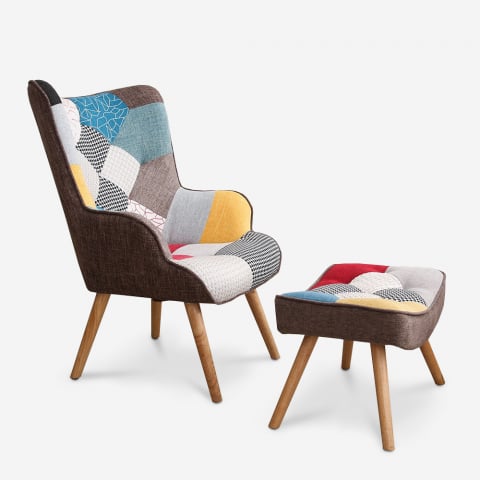 Design fauteuil Patchy Plus van patchwork stof met poef  Aanbieding