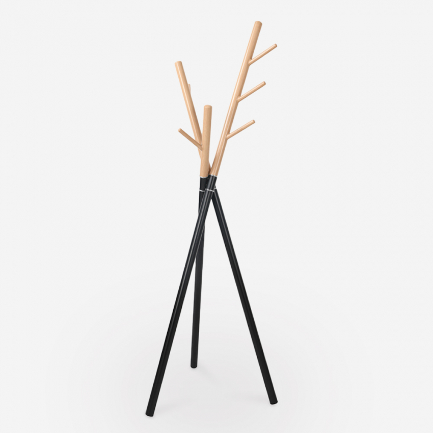 Moderne Scandinavische stijl staande kapstok van metaal in houtkleur en zwart Zavest Aanbieding