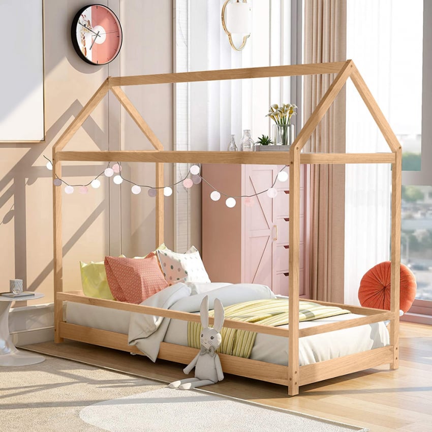 Montessori ledikant Husty voor kinderen, houten huis 80x160cm Kortingen Montessori ledikant Husty voor kinderen, houten huis 80x160cm Kortingen