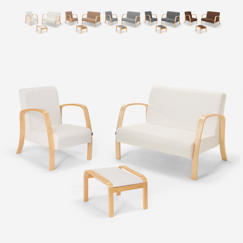 Scandinavische bank in de woonkamer van hout en stof, fauteuil, voetensteun Gyda Kortingen
