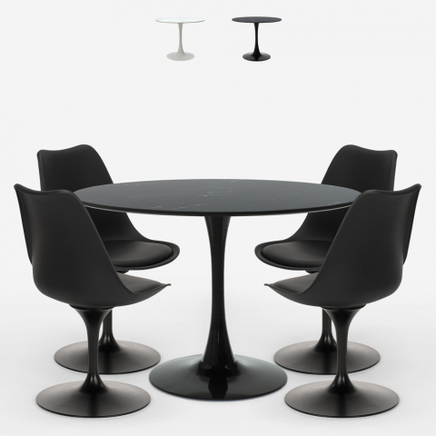 Ronde 120cm tafel met marmer effect Tulip design 4 moderne stoelen Paix