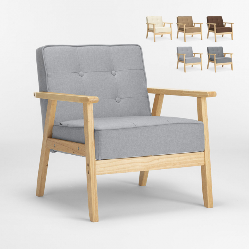 Scandinavische fauteuil vintage stijl in hout en stof met armleuningen Hage Verkoop