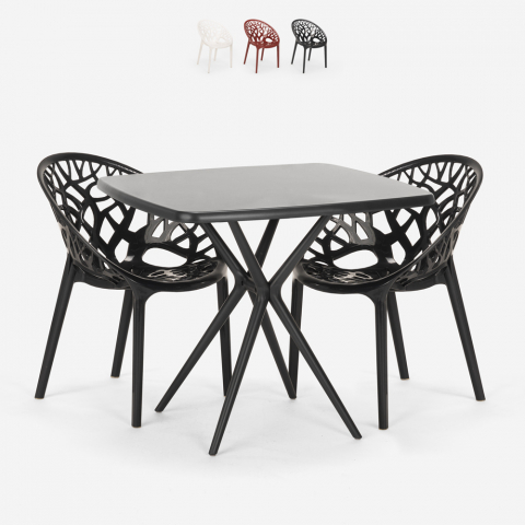 Set met vierkante zwarte tafel 70x70 cm en 2 design stoelen Moai Black Aanbieding