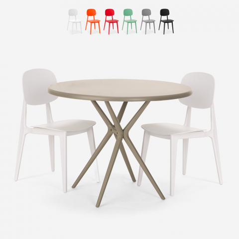 Set met beige ronde tafel 80 cm en 2 design stoelen Berel  Aanbieding