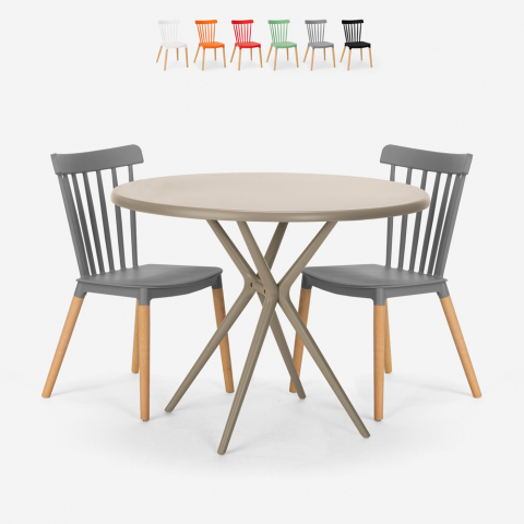 Set met ronde beige tafel 80 cm en 2 design stoelen Eskil Aanbieding