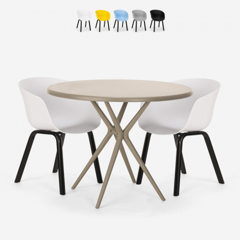 Set met ronde beige tafel 80 cm en 2 design stoelen Oden Aanbieding