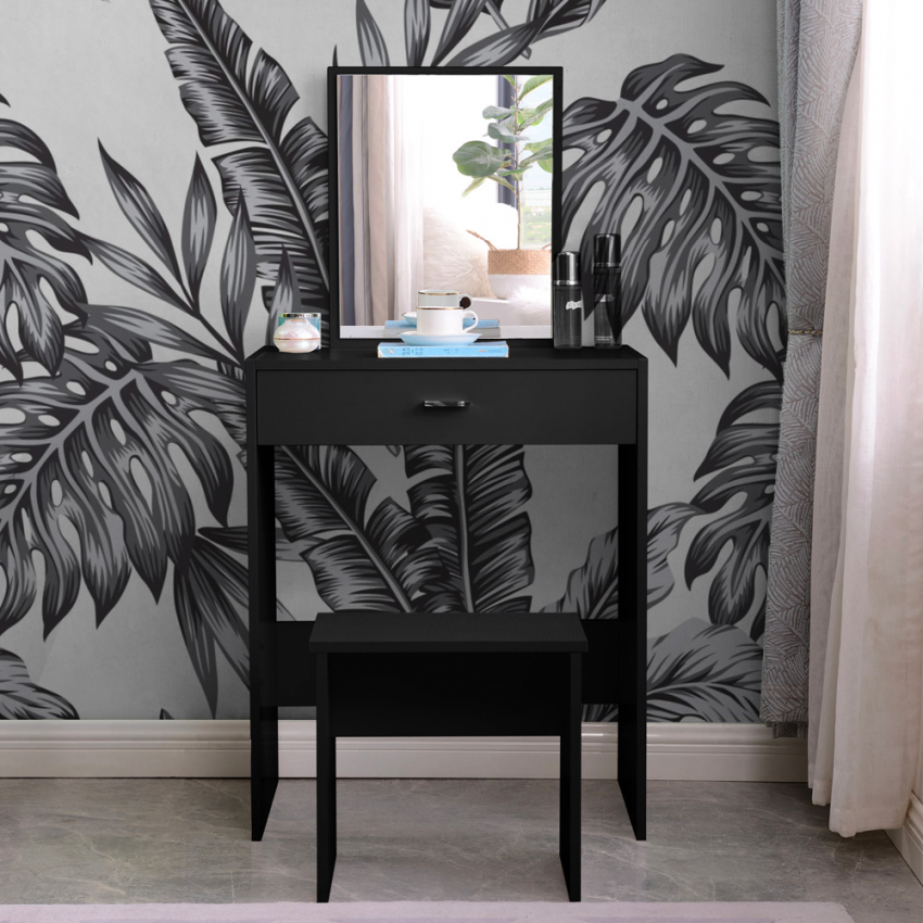 Zwarte make-up tafel met lade, spiegel en krukje Dalila Black Aanbieding